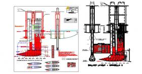 This drawing shows the overall details for the ballast layout (lead ballast location shown in red). It also shows when the keel is in its raised location, the top of the keel is visible above the cabin top.
